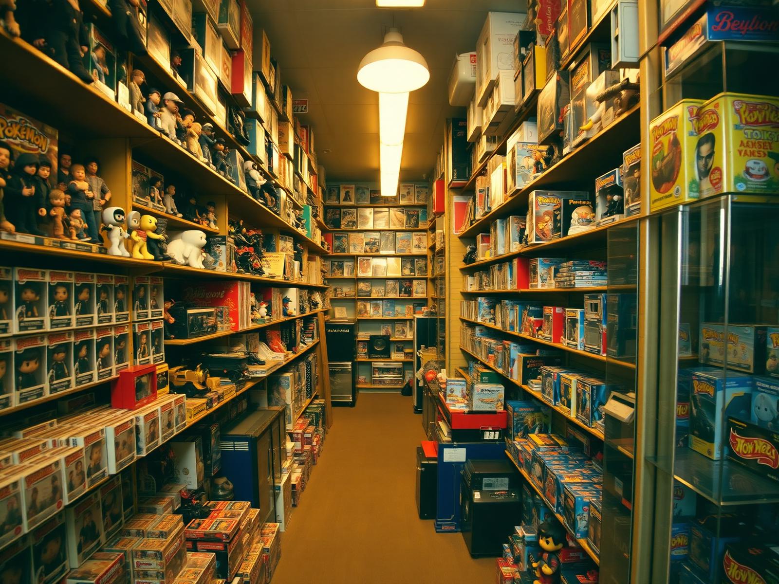 Packed shelves inside Dave N' Ale's collectible toy store in El Paso